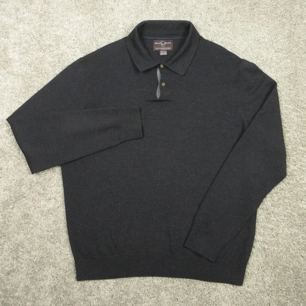 Black Brown 1826 Men XL Black Solid Extrafine Merino Wool Collared Polo Pullover